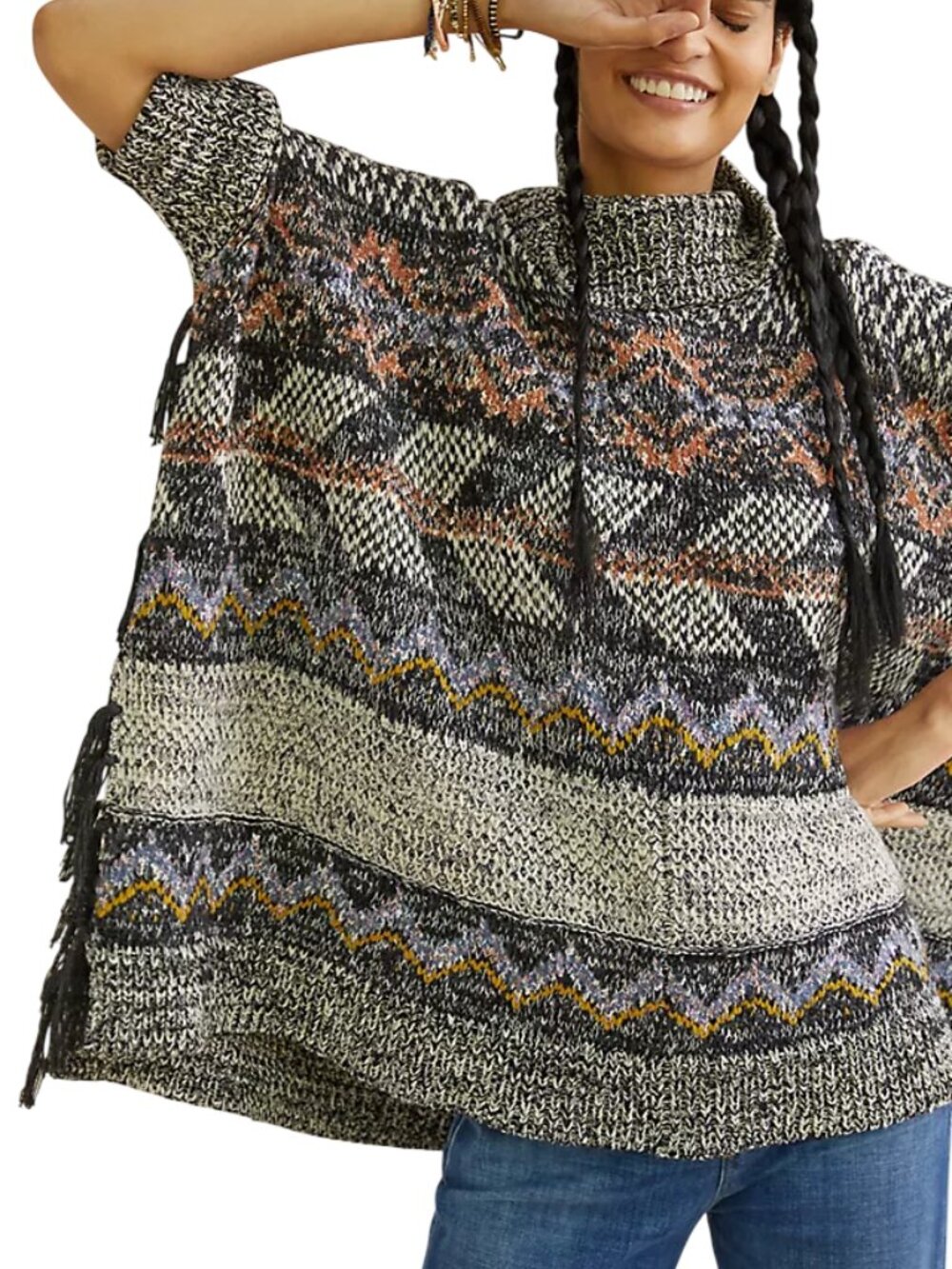 Anthropologie Pilcro Magda Knit Poncho Fringe Oversized Grey Small / XS - Picture 5 of 12